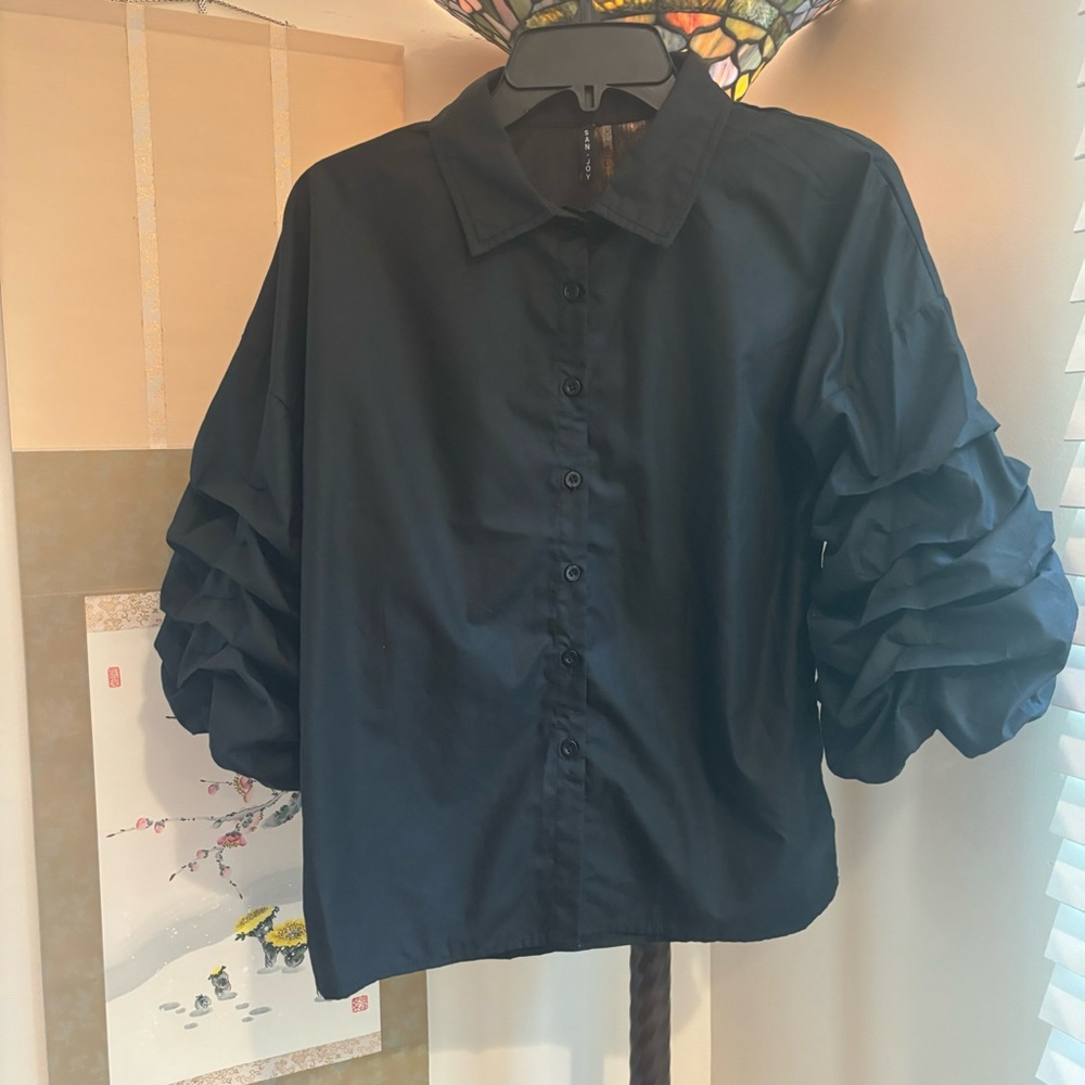 Black Women’s Button Down Shirt with Ruffled Sleeves